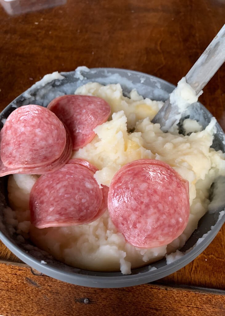 easy backpacking meal mashed potatoes salami cheese