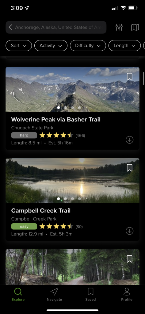 AllTrail hiking app for Alaska